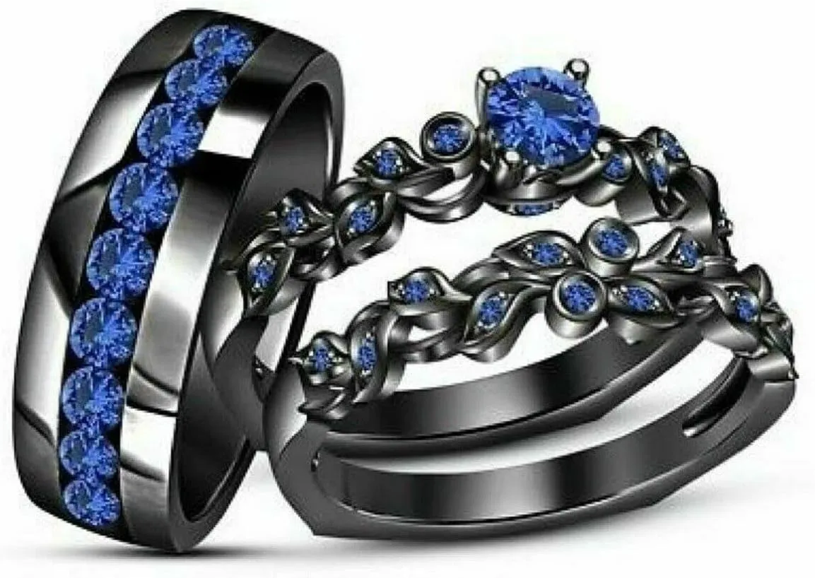 Triostar Wedding Ring Set Valentine's Promise Ring Set His Hers Couples Matching Rings Women's 14K Black Gold Plated Women's Size 6 & Men's Size 8