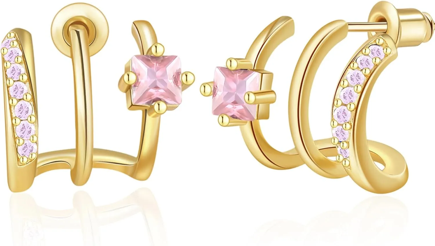 Triple Huggie Illusion Stud Earrings 14K Gold Open Hoop Birthstone Earrings with Cubic Zirconia Dainty Minimalist Huggie Claw Wrap Ear Cuffs Earrings for Women