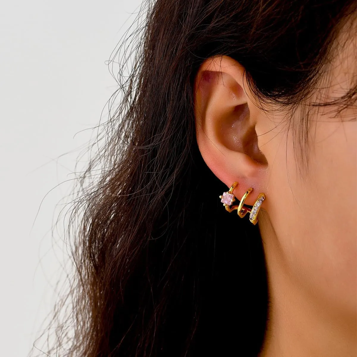 Triple Huggie Illusion Stud Earrings 14K Gold Open Hoop Birthstone Earrings with Cubic Zirconia Dainty Minimalist Huggie Claw Wrap Ear Cuffs Earrings for Women