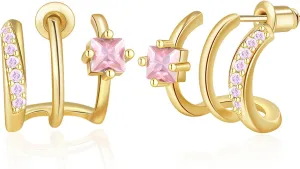Triple Huggie Illusion Stud Earrings 14K Gold Open Hoop Birthstone Earrings with Cubic Zirconia Dainty Minimalist Huggie Claw Wrap Ear Cuffs Earrings for Women