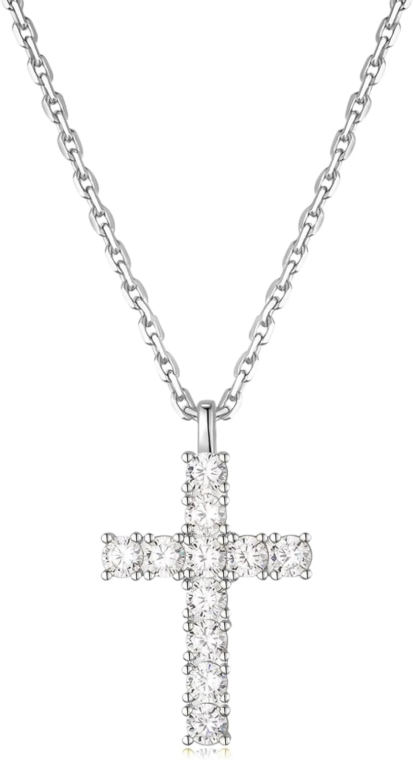 TRUMIUM Cross Necklace for Men Women Cubic Zirconia Pendant Necklaces 18k Gold Plated Silver Stainless Steel Cuban Curb Chain 50cm Length with 5cm Chain Extenders