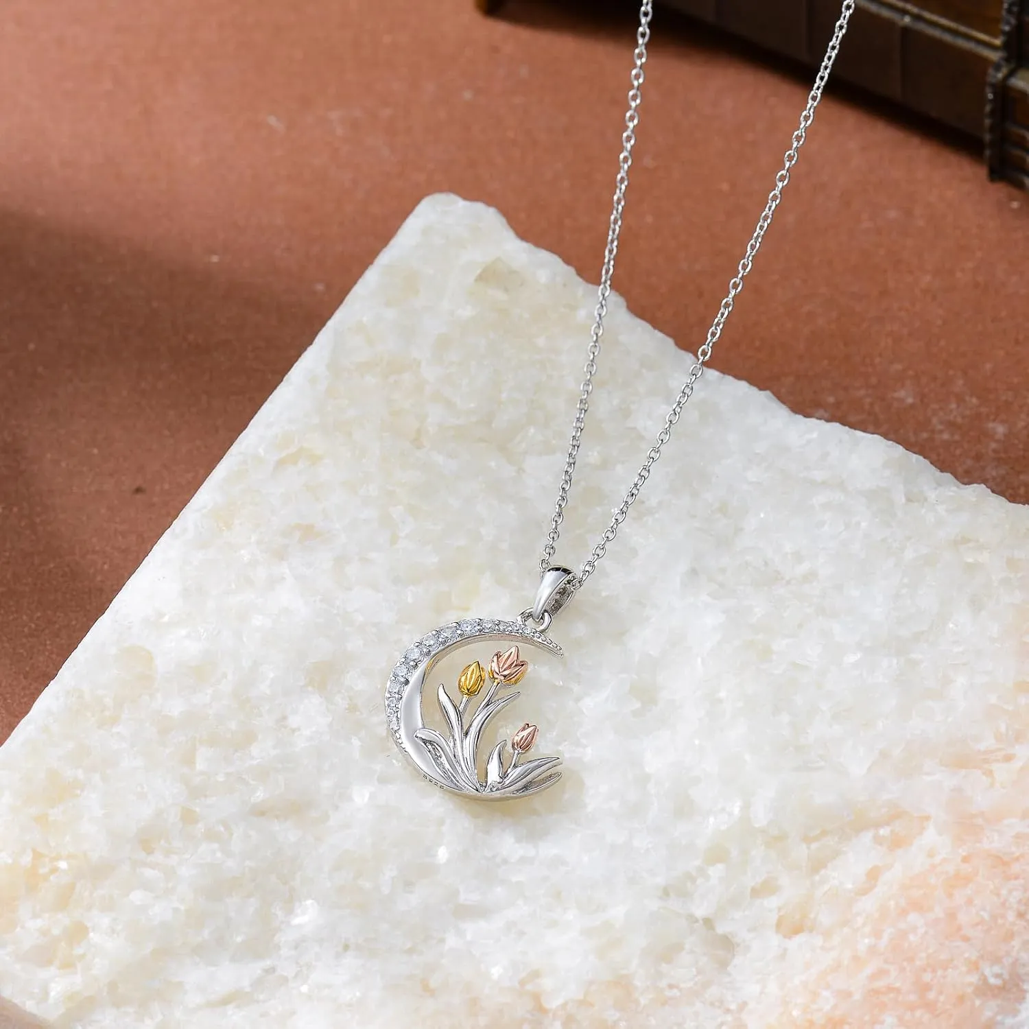 Tulip & Rose Necklace Sterling Silver Jewelry for Women - Sunflower Pendant Necklace Birthday Gifts for Mom