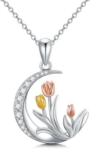 Tulip & Rose Necklace Sterling Silver Jewelry for Women - Sunflower Pendant Necklace Birthday Gifts for Mom