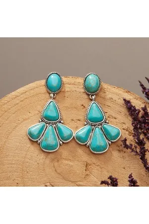 Turquoise Drop Squash Blossom Earrings In Silver