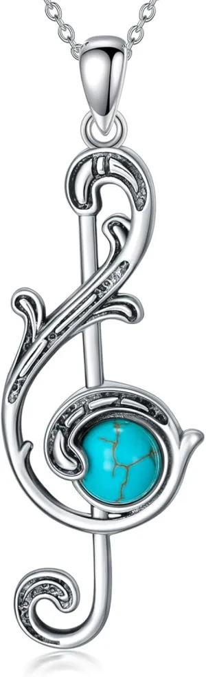 Turquoise Music Note Necklace for Women 925 Sterling Silver Genuine Blue Turquoise Treble Clefs Pendant Western Vintage Jewelry Gifts for Music Lovers