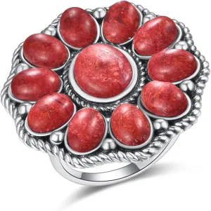 Turquoise Ring for Women 925 Sterling Silver Vintage Boho Flower Ring Bohemian Statement Rings Turquoise/Coral/Oyster Shell Western Style Engagement Wedding Band Size 6-9