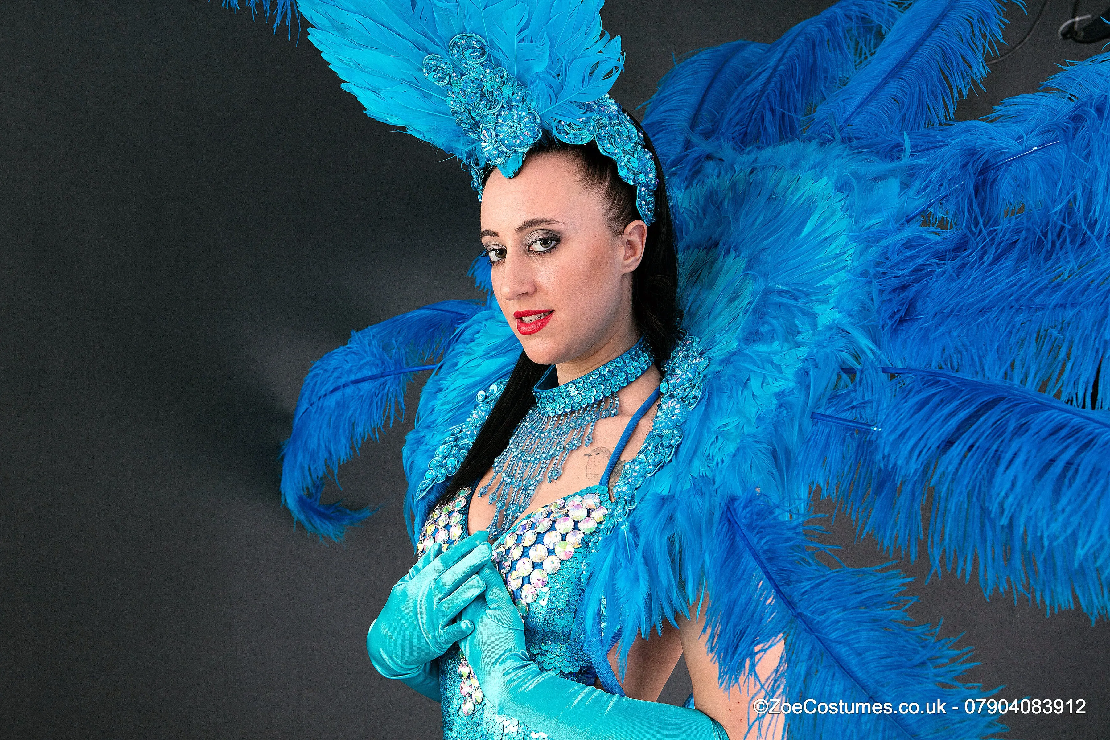 Turquoise Showgirl Costume for Hire | Zoe London Dance Costumes for Hire