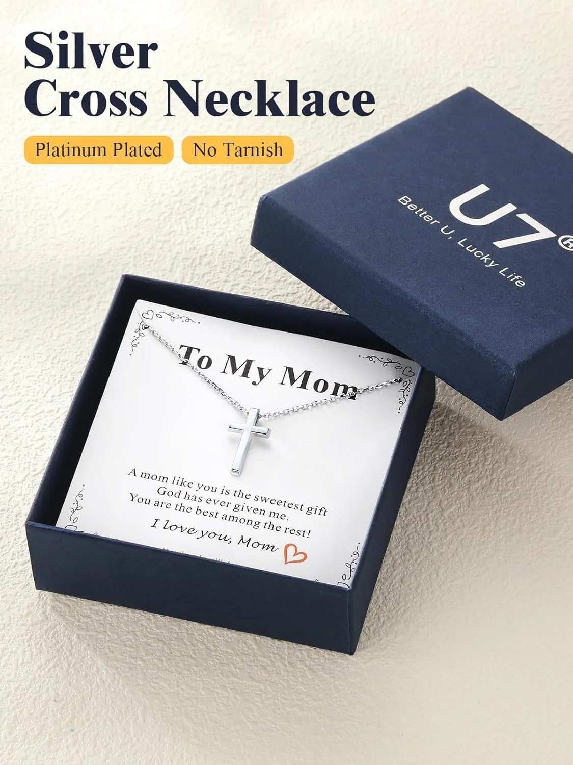 U7 Dainty Cross Necklace with Message Card,Cubic Zirconia Silver Cross Necklace for Women,Birthday Christmas Gift for Mother Daughter