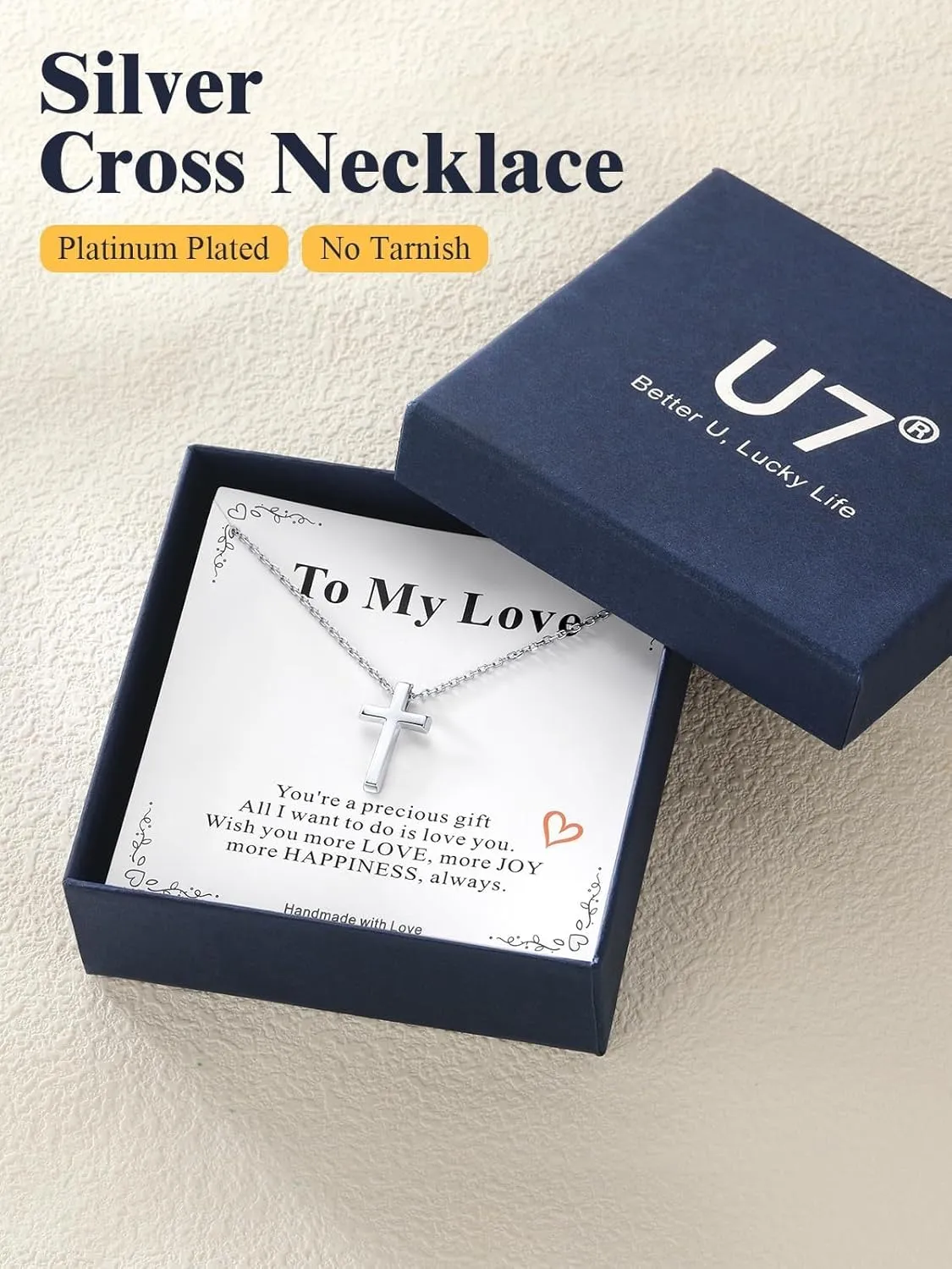 U7 Dainty Cross Necklace with Message Card,Cubic Zirconia Silver Cross Necklace for Women,Birthday Christmas Gift for Mother Daughter