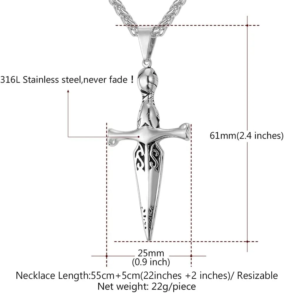 U7 Punk Necklaces Stainless Steel 18K Gold Plated Large Hip Hop Dagger/Knife/Sword/Steampunk Gear/Large Razor Blade Pendant Necklace for Men Women, Chain 22-24 Inches