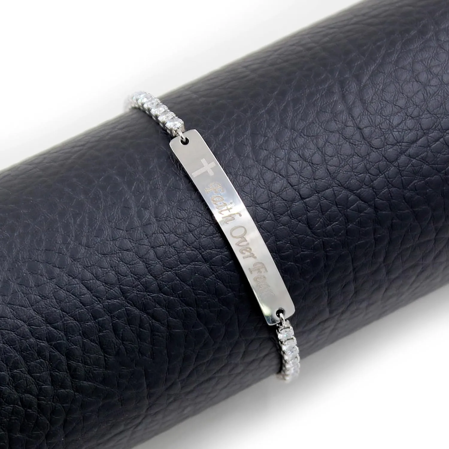 Uloveido Fashion Faith Over Dear Bracelet - Adjustable Slider Bolo Clasp Tennis Bracelet for Girls Women Hypoallergenic White Gold Plated Cubic Zirconia Inspirational Bracelets Gift Y4390