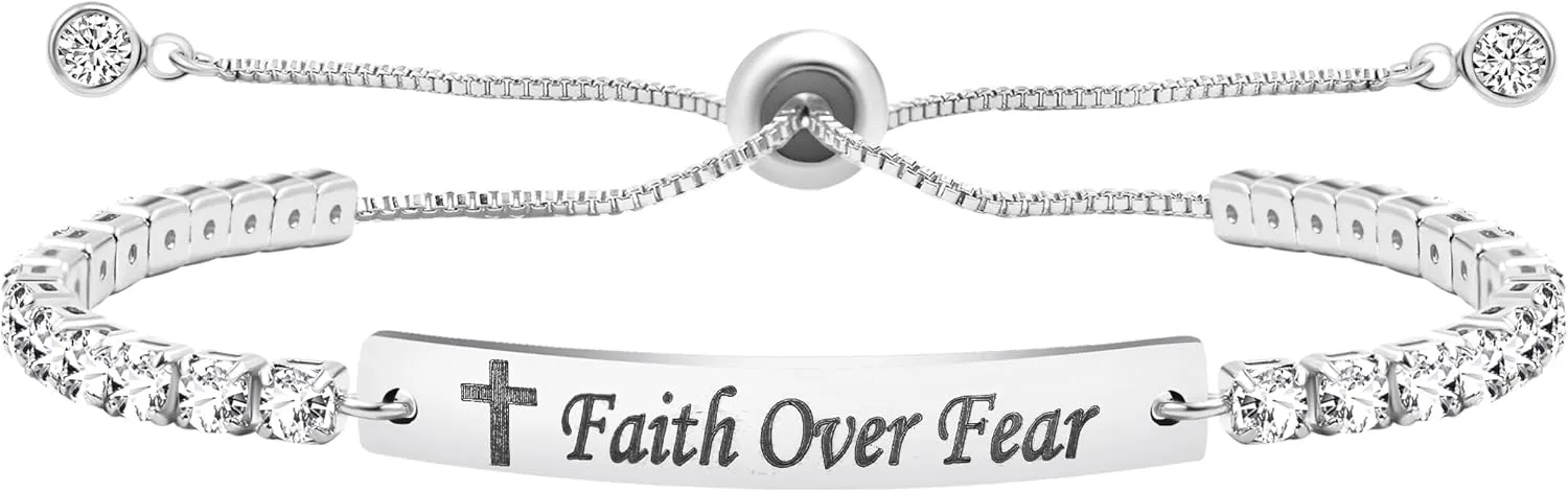 Uloveido Fashion Faith Over Dear Bracelet - Adjustable Slider Bolo Clasp Tennis Bracelet for Girls Women Hypoallergenic White Gold Plated Cubic Zirconia Inspirational Bracelets Gift Y4390