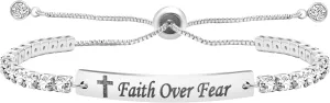 Uloveido Fashion Faith Over Dear Bracelet - Adjustable Slider Bolo Clasp Tennis Bracelet for Girls Women Hypoallergenic White Gold Plated Cubic Zirconia Inspirational Bracelets Gift Y4390