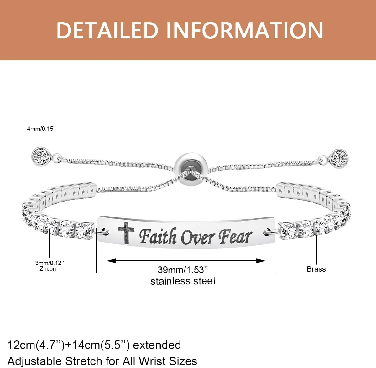 Uloveido Fashion Faith Over Dear Bracelet - Adjustable Slider Bolo Clasp Tennis Bracelet for Girls Women Hypoallergenic White Gold Plated Cubic Zirconia Inspirational Bracelets Gift Y4390