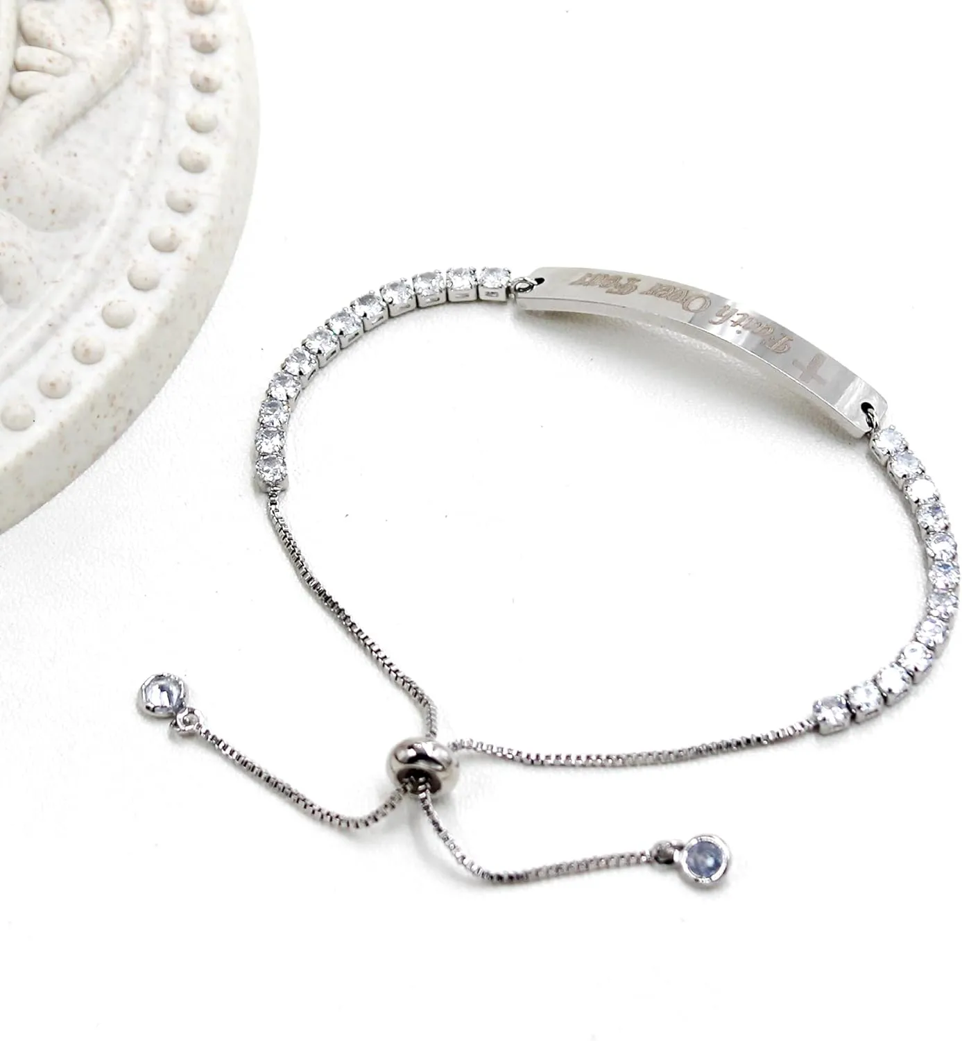 Uloveido Fashion Faith Over Dear Bracelet - Adjustable Slider Bolo Clasp Tennis Bracelet for Girls Women Hypoallergenic White Gold Plated Cubic Zirconia Inspirational Bracelets Gift Y4390