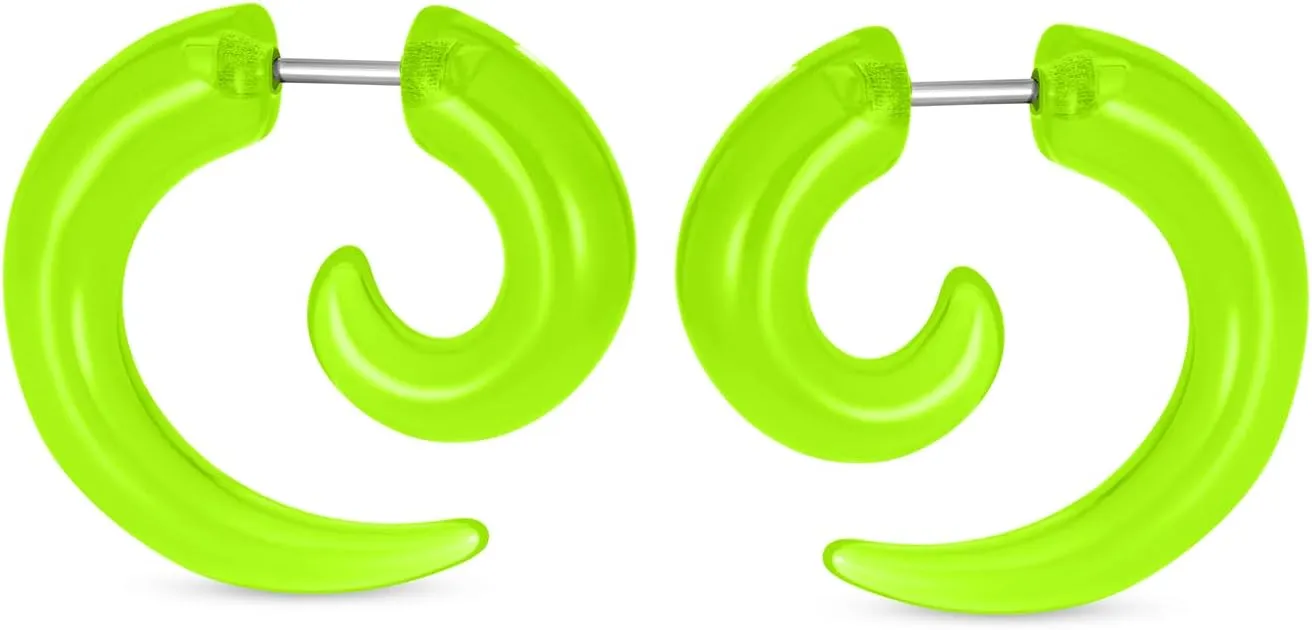 Unisex Black White Translucent Neon Orange Red Pink Blue Green Purple Large Round Swirl Spiral Tribal Fake Faux Ear Plug Taper Earrings Acrylic Resin Surgical Steel 6 Piece Set Women Men Teen