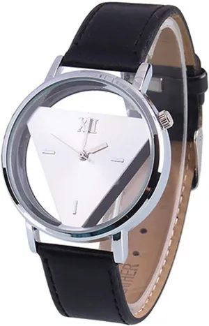 Unisex Charm Glass Hollow Triangle Dial Faux Leather Analog Quartz Wrist Watch