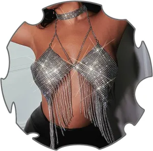Uranian Rhinestone Bra Top Chains Sexy Body Chain Sparkly Crop Top Mesh Halter Bikini Top Beach Party Body Jewelry for Women and Girls, Black