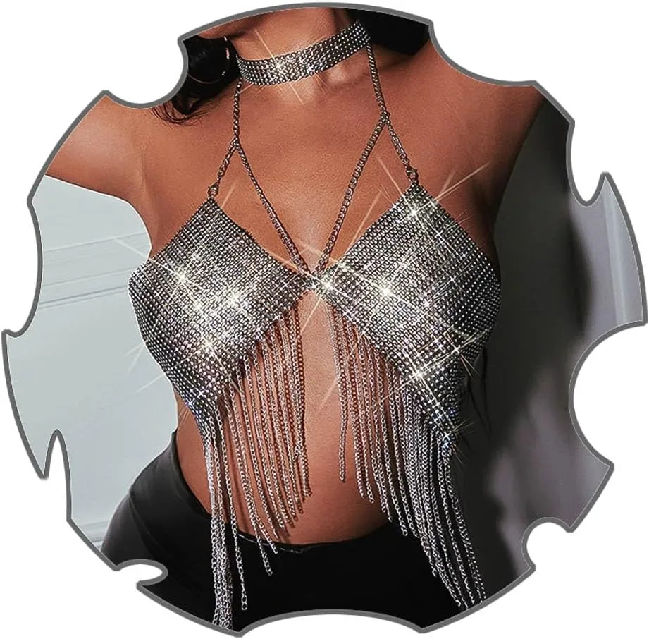 Uranian Rhinestone Bra Top Chains Sexy Body Chain Sparkly Crop Top Mesh Halter Bikini Top Beach Party Body Jewelry for Women and Girls, Black