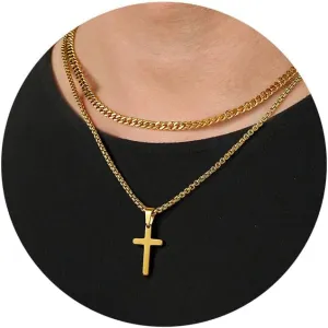 Ursteel Cross Necklace for Men, Mens Cross Necklaces Stainless Steel Silver Black Gold Layered Chain Cross Pendant Necklace Cuban Link Chain for Men 16-24 Inch Gold Chain for Men Jewelry Gifts