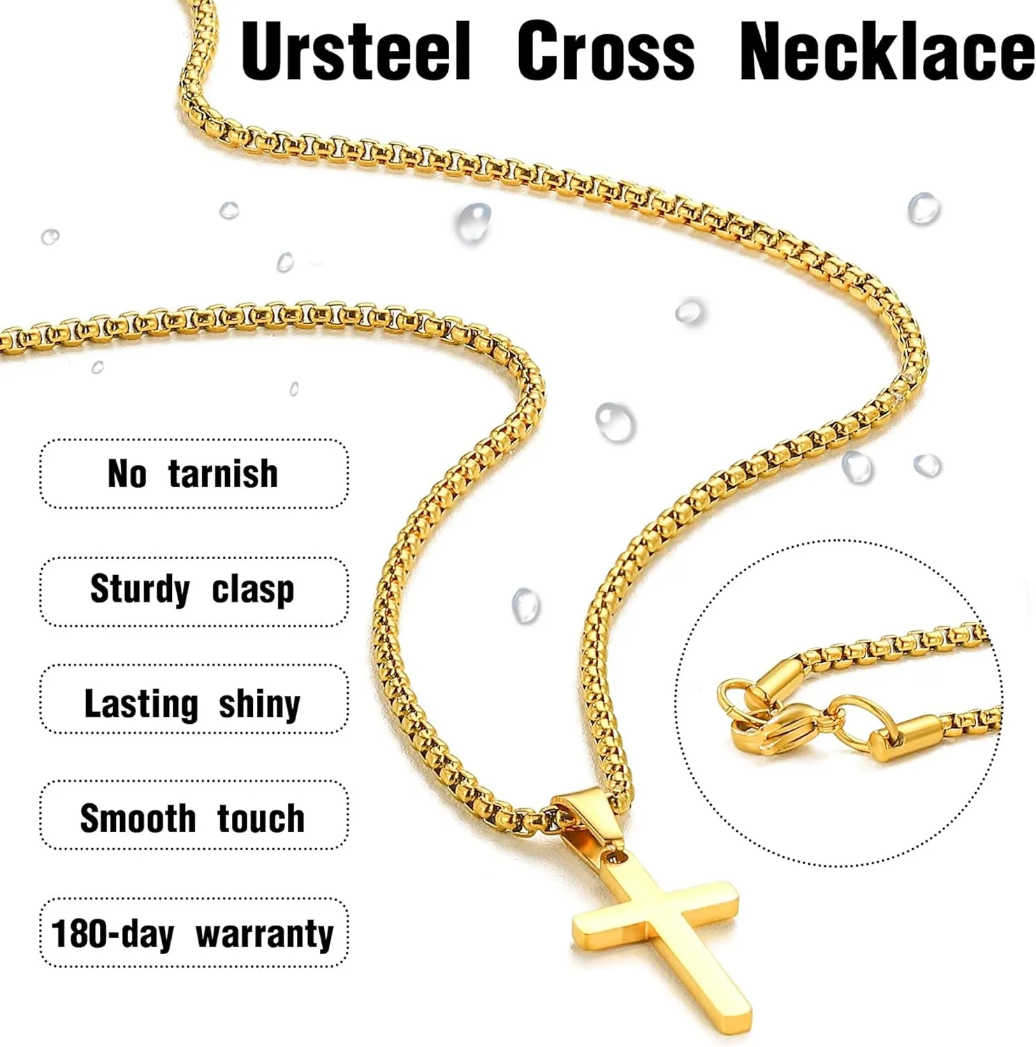 Ursteel Cross Necklace for Men, Mens Cross Necklaces Stainless Steel Silver Black Gold Layered Chain Cross Pendant Necklace Cuban Link Chain for Men 16-24 Inch Gold Chain for Men Jewelry Gifts