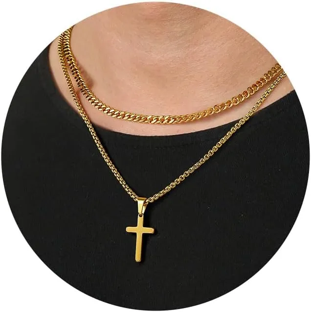 Ursteel Cross Necklace for Men, Mens Cross Necklaces Stainless Steel Silver Black Gold Layered Chain Cross Pendant Necklace Cuban Link Chain for Men 16-24 Inch Gold Chain for Men Jewelry Gifts