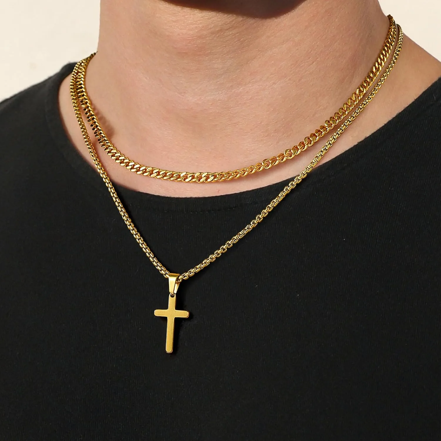 Ursteel Cross Necklace for Men, Mens Cross Necklaces Stainless Steel Silver Black Gold Layered Chain Cross Pendant Necklace Cuban Link Chain for Men 16-24 Inch Gold Chain for Men Jewelry Gifts