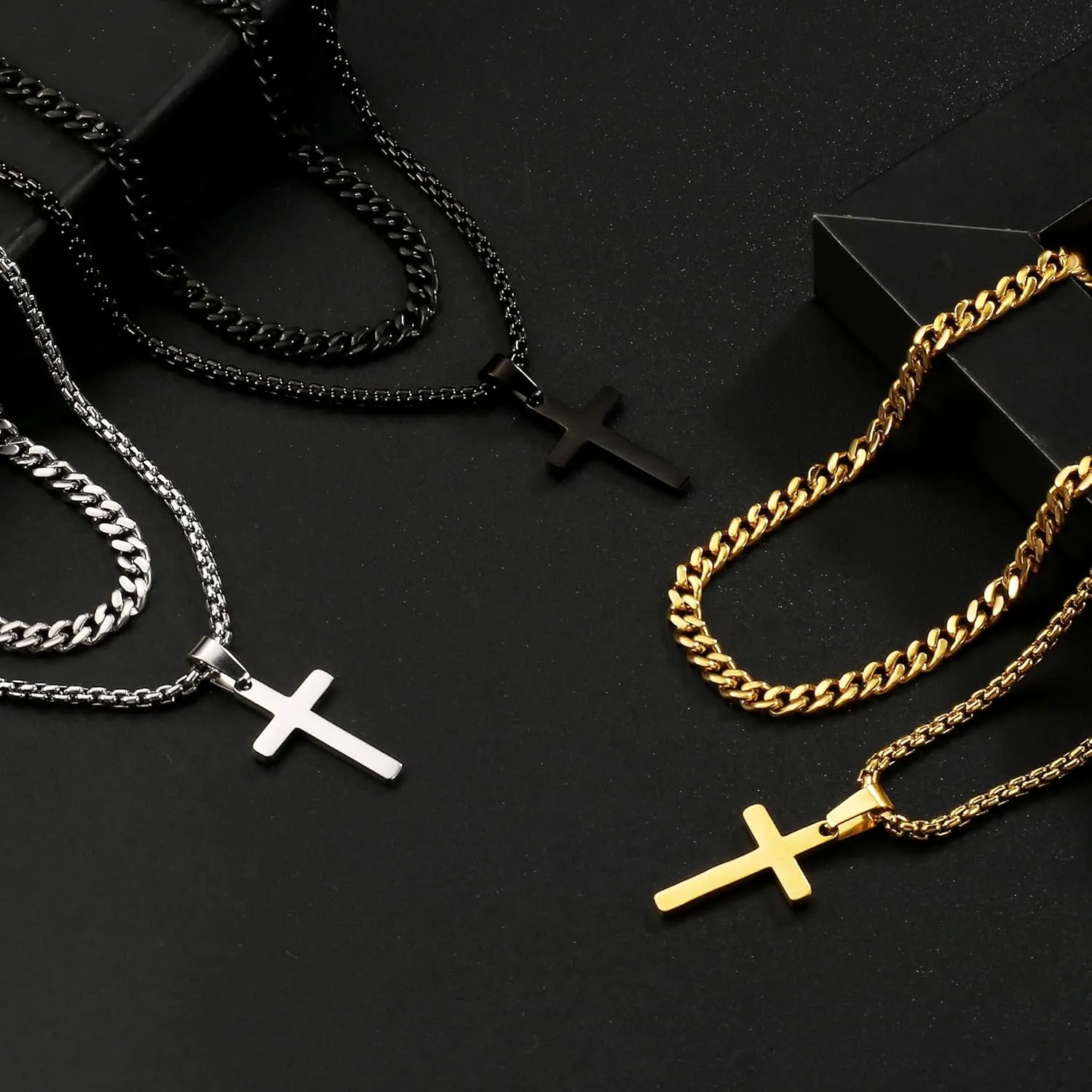 Ursteel Cross Necklace for Men, Mens Cross Necklaces Stainless Steel Silver Black Gold Layered Chain Cross Pendant Necklace Cuban Link Chain for Men 16-24 Inch Gold Chain for Men Jewelry Gifts