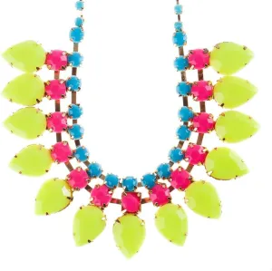 VAGA Gorgeous Vintage Colourful Eighties Style Women Fashion Jewelry Necklaces Pendant with Golden Chain, Blue and Pink Stones and Yellow Plastic Tear Drop Shaped Pearls Beads Tassels, Color Necklace