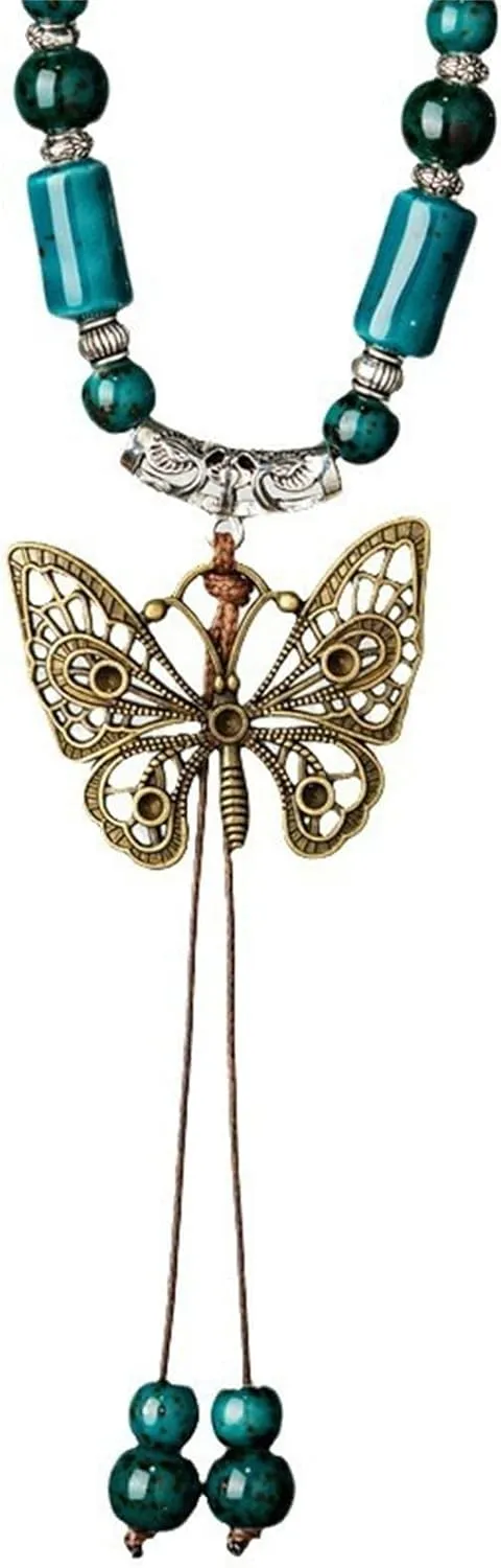Vintage Bohemian Butterfly Necklace for Women Handmade Retro Boho Hippie Ceramic Bead Butterfly Pendant Necklace Ethnic Style Braid Rope Long Butterfly Necklace