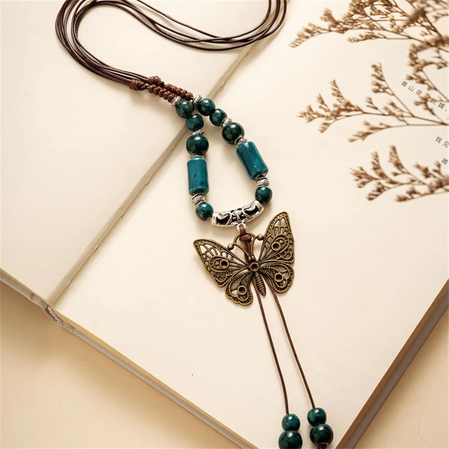 Vintage Bohemian Butterfly Necklace for Women Handmade Retro Boho Hippie Ceramic Bead Butterfly Pendant Necklace Ethnic Style Braid Rope Long Butterfly Necklace