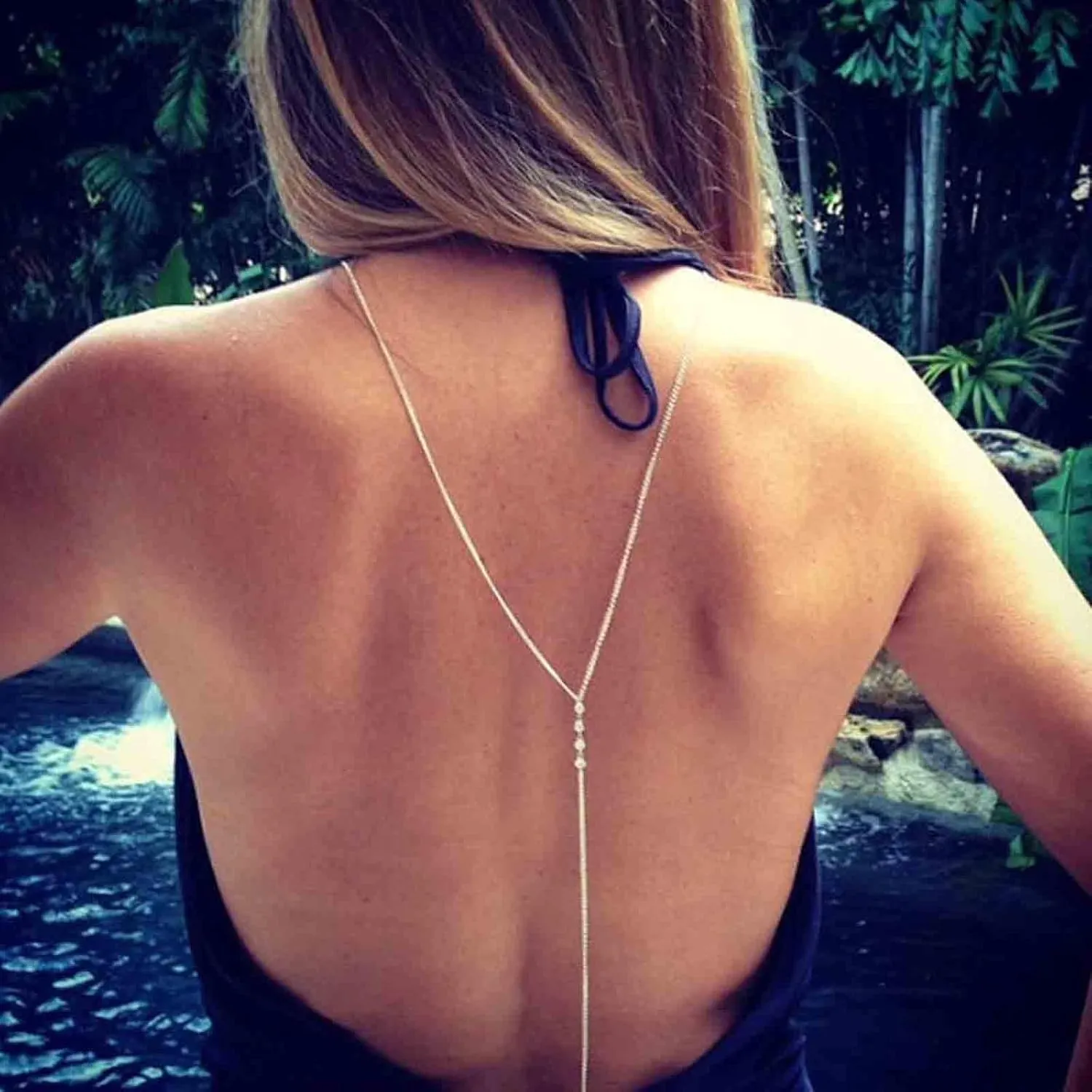 Vintage Crystal Backdrop Y Necklace Rhinestones Back Necklace Long Back Chain Necklace Long Crystal Summer Body Chain Jewelry for Women