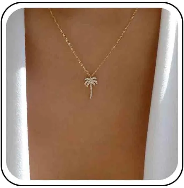 Vintage Crystal Palm Tree Choker Necklace Rhinestone Palm Tree Pendant Necklace Gold Solid Palm Tree Necklace Cubic Tropical Tree Necklace Jewelry for Women