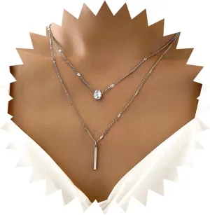 Vintage Layered Bar Pendant Necklace Crystal Teardrop Necklace Gold Bar Necklace Rhinestone Choker Necklace Jewelry for Women (Gold)