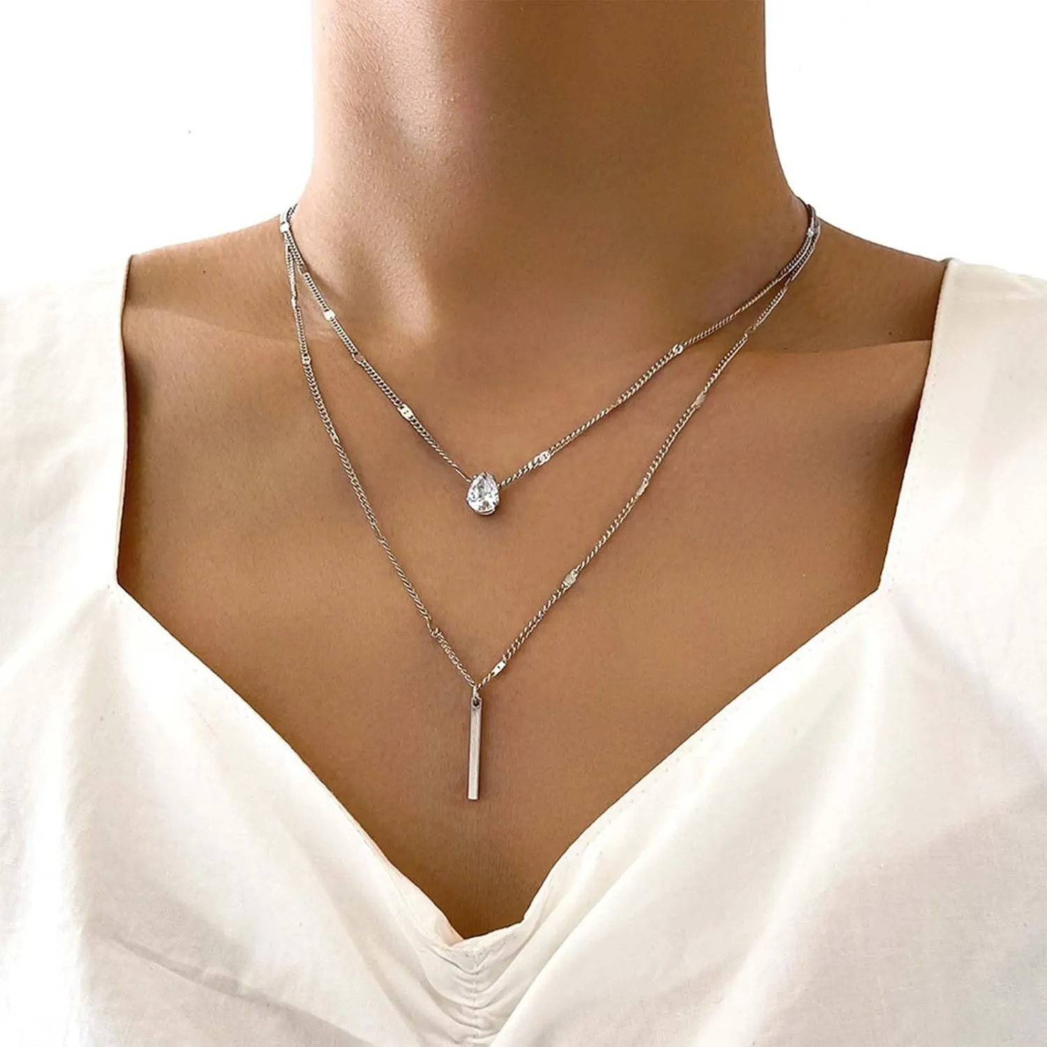 Vintage Layered Bar Pendant Necklace Crystal Teardrop Necklace Gold Bar Necklace Rhinestone Choker Necklace Jewelry for Women (Gold)