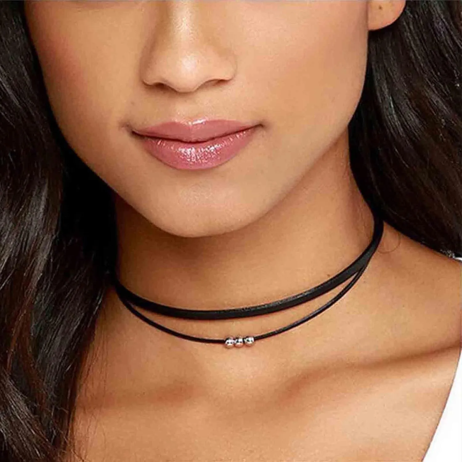 Vintage Layered Suede Choker Necklace Gothic Leather Necklace Velvet Choker Necklace Silver Beaded Chain Necklace Retro Necklace Jewelry for Women