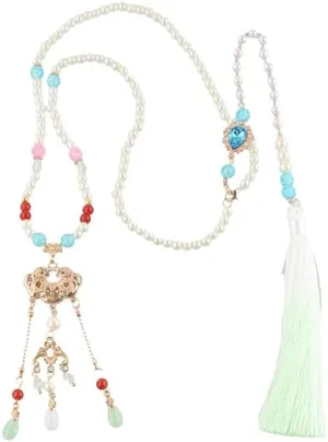 Vintage Long Tassel Pearls Necklace Women Hanfu Necklace Pendant Ethnic Style Beaded Pearl Necklace Horse Face Skirt Accessories 27Inch