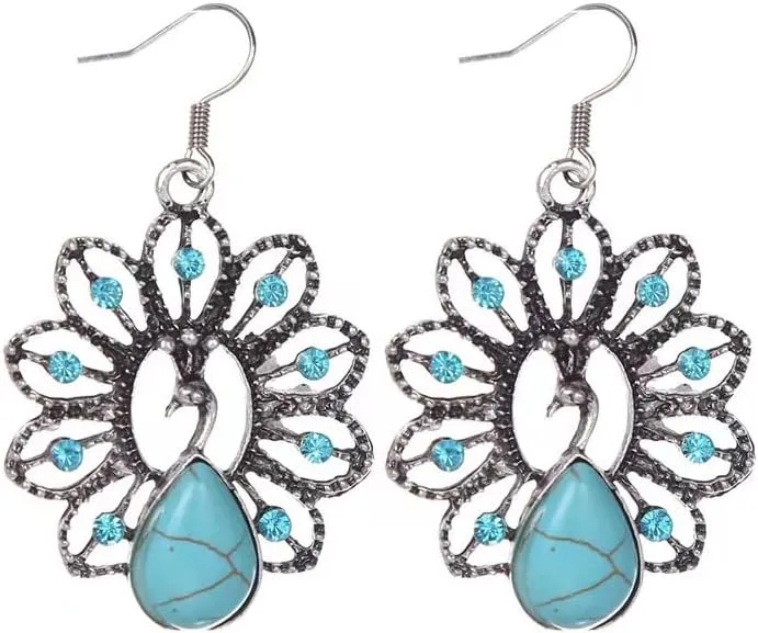 Vintage Turquoise Earrings Retro Ethnic Geometry Turquoise Dangle Earring Boho Antique Shaped Statement Earring for Women Jewelry Gift