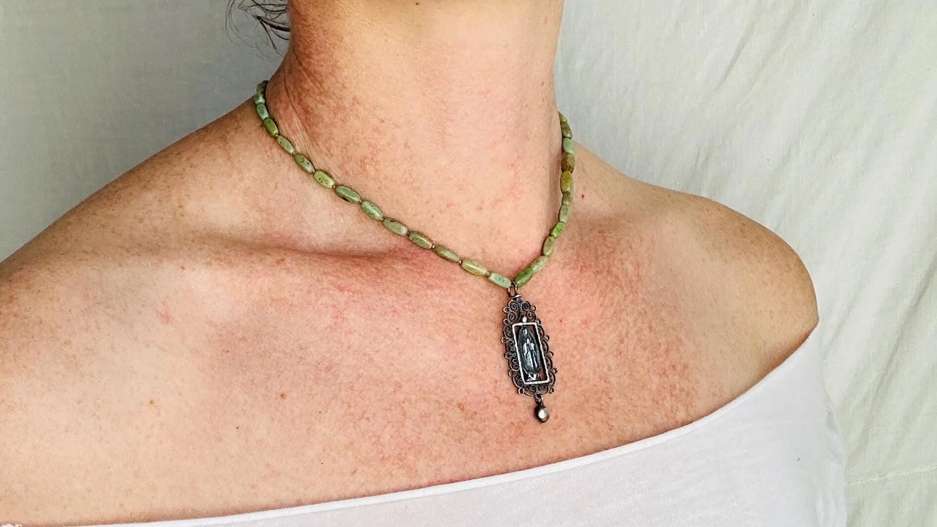 Virgin of Guadalupe Turquoise Necklace. Natural American Turquoise and Sterling Silver. 2399