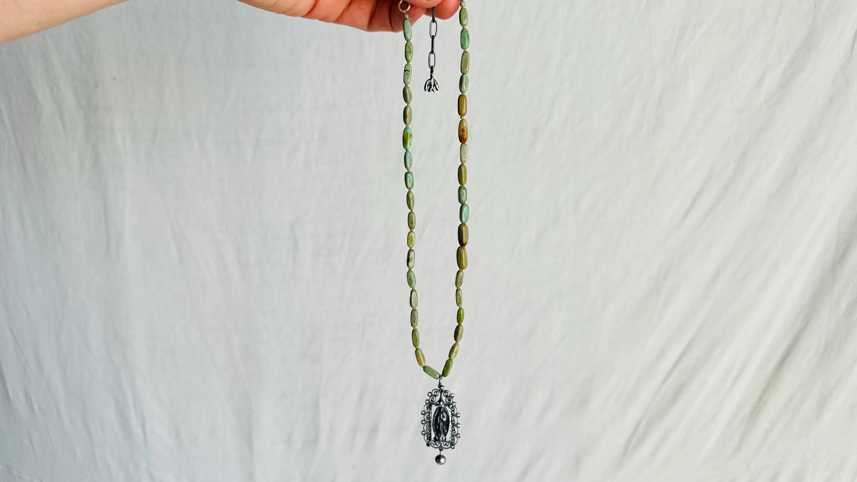 Virgin of Guadalupe Turquoise Necklace. Natural American Turquoise and Sterling Silver. 2399