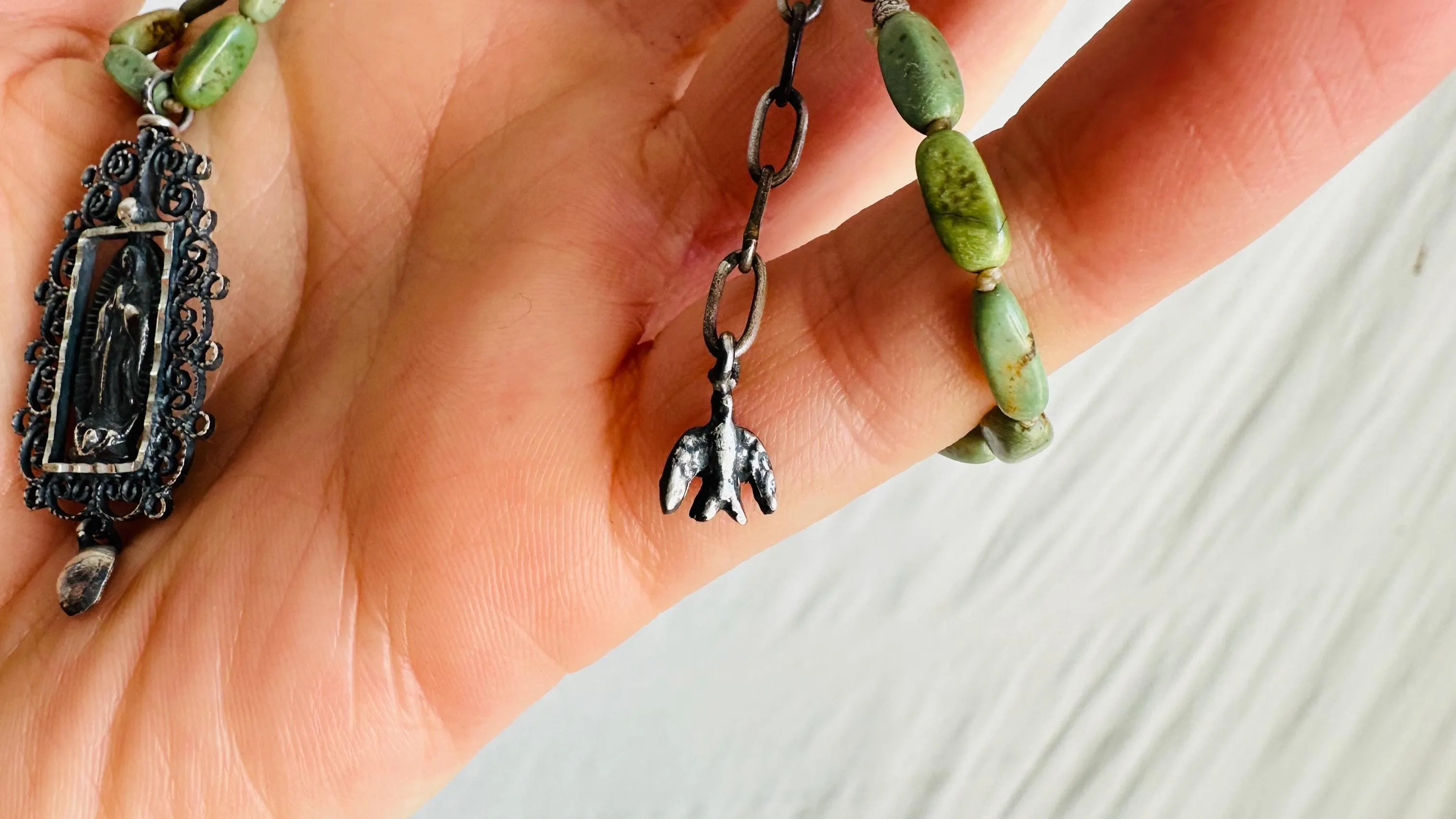 Virgin of Guadalupe Turquoise Necklace. Natural American Turquoise and Sterling Silver. 2399