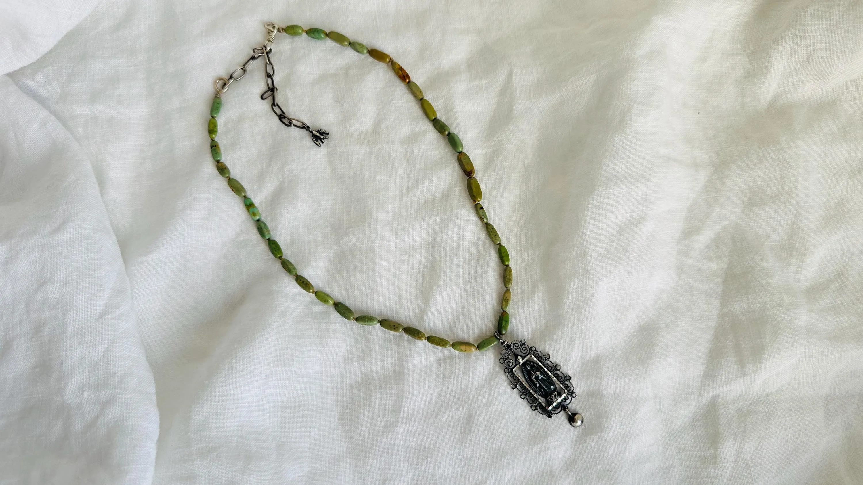Virgin of Guadalupe Turquoise Necklace. Natural American Turquoise and Sterling Silver. 2399