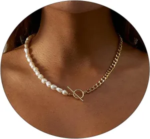 VIROMY Chunky Gold Toggle Necklace 18K Gold Plated Pearl Vintage Paper Clip Link Chain Shining Twisted Rope Cuban Choker Toggle Bar Clasp Necklaces for Women