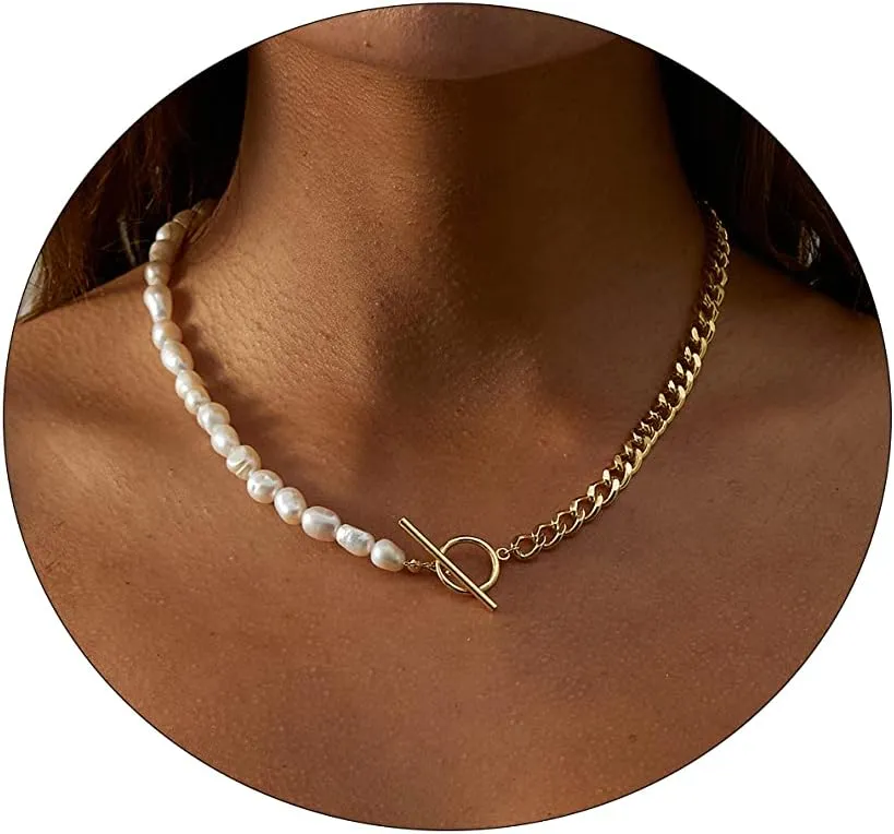 VIROMY Chunky Gold Toggle Necklace 18K Gold Plated Pearl Vintage Paper Clip Link Chain Shining Twisted Rope Cuban Choker Toggle Bar Clasp Necklaces for Women