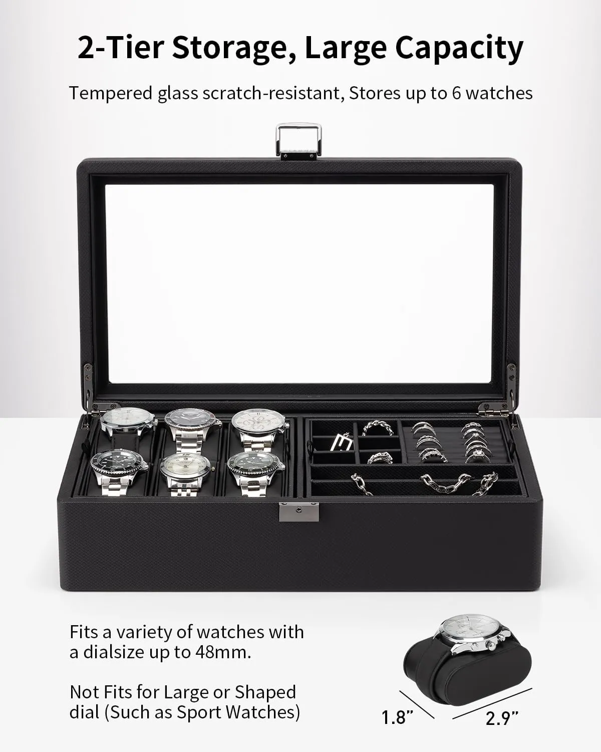 Vlando 6-Slot Watch Box Organize, Lockable Watch Case with Textured Leather, 2 Layer Watch Holder for Rings, Bracelets, Glasses, Glass Lid, Removable Divider, Gift for Fathers, Husband, Friend, Black