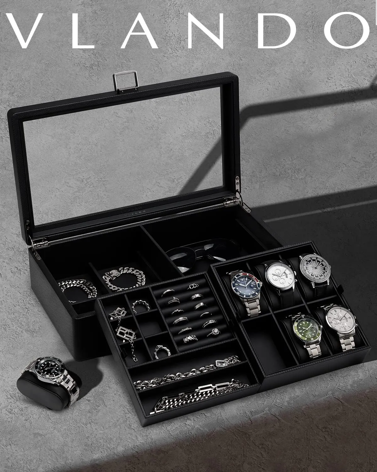Vlando 6-Slot Watch Box Organize, Lockable Watch Case with Textured Leather, 2 Layer Watch Holder for Rings, Bracelets, Glasses, Glass Lid, Removable Divider, Gift for Fathers, Husband, Friend, Black