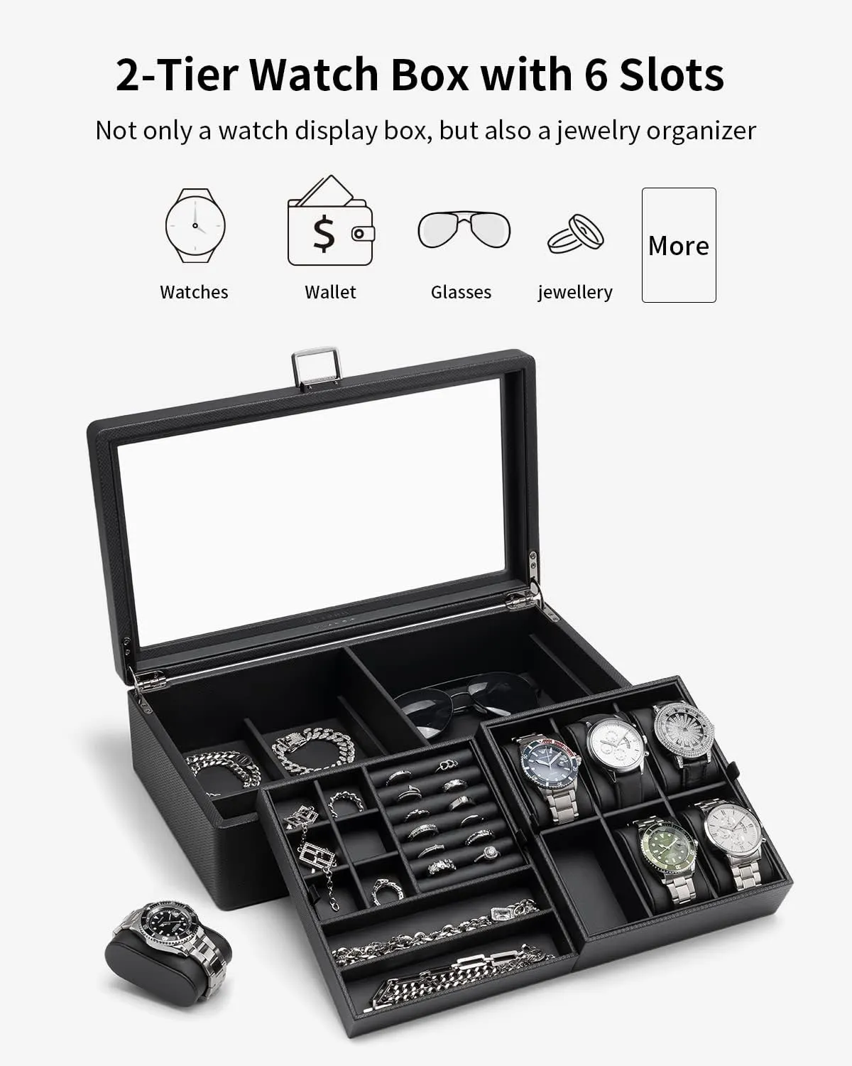 Vlando 6-Slot Watch Box Organize, Lockable Watch Case with Textured Leather, 2 Layer Watch Holder for Rings, Bracelets, Glasses, Glass Lid, Removable Divider, Gift for Fathers, Husband, Friend, Black