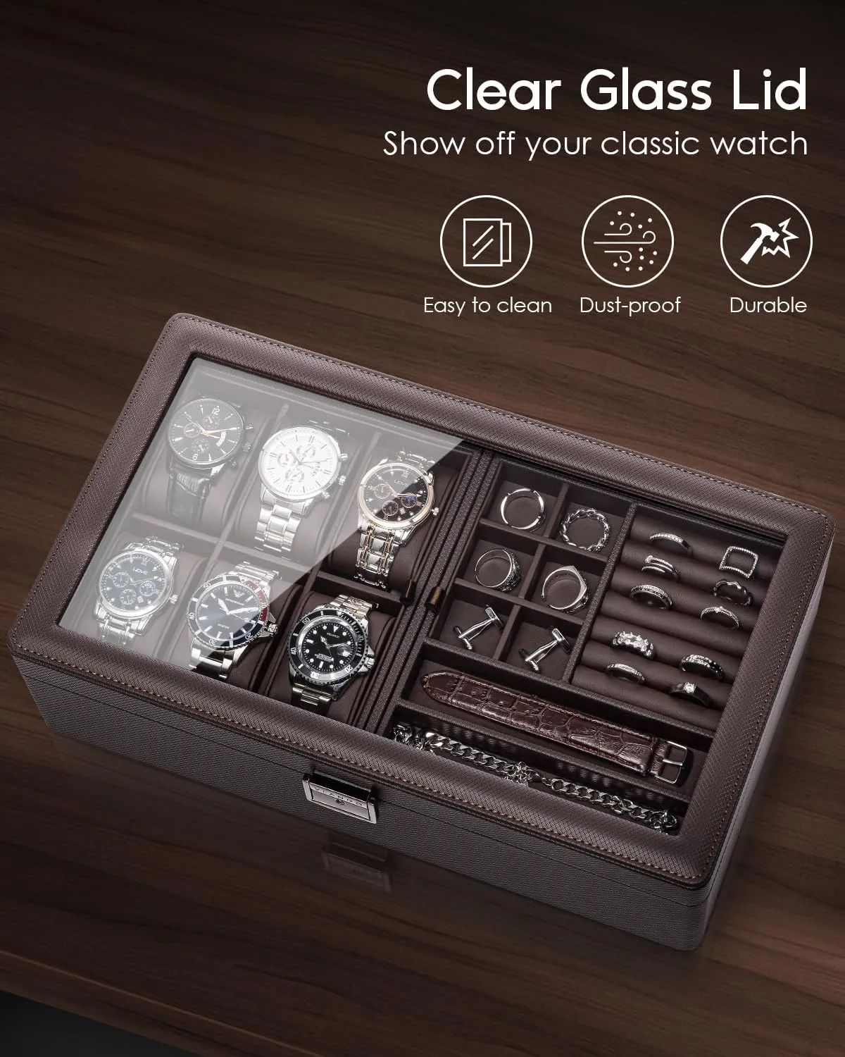 Vlando 6-Slot Watch Box Organize, Lockable Watch Case with Textured Leather, 2 Layer Watch Holder for Rings, Bracelets, Glasses, Glass Lid, Removable Divider, Gift for Fathers, Husband, Friend, Brown
