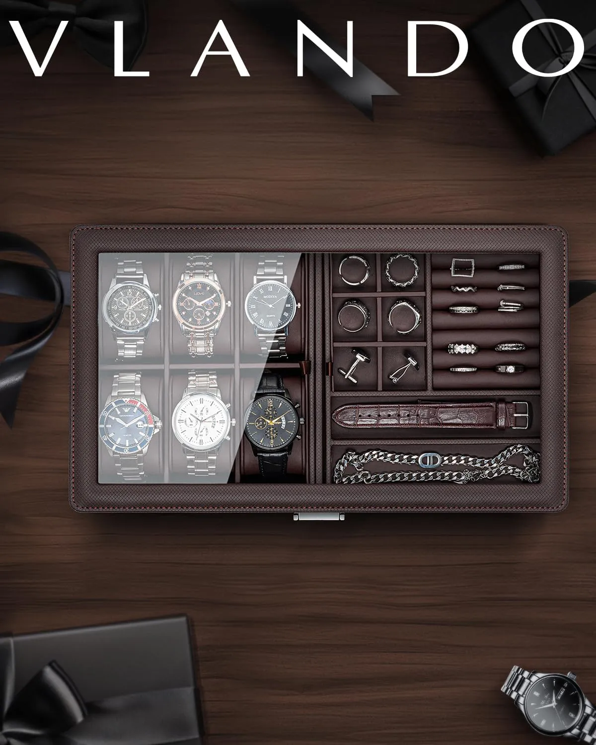 Vlando 6-Slot Watch Box Organize, Lockable Watch Case with Textured Leather, 2 Layer Watch Holder for Rings, Bracelets, Glasses, Glass Lid, Removable Divider, Gift for Fathers, Husband, Friend, Brown