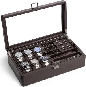 Vlando 6-Slot Watch Box Organize, Lockable Watch Case with Textured Leather, 2 Layer Watch Holder for Rings, Bracelets, Glasses, Glass Lid, Removable Divider, Gift for Fathers, Husband, Friend, Brown